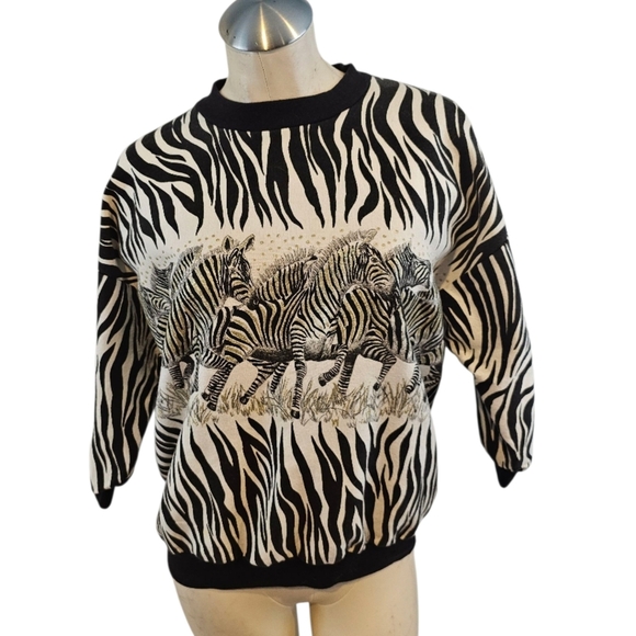 Vintage Tops - Vintage 1980s Made In USA Size L Zebra Print Sweatshirt